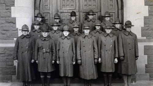 Army S.A.T.C. group standing in front of Northam Towers east facade entry, Trinity College, Hartford, CT, ca 1918 photo