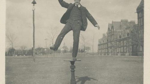 This is possibly the only known image of the 1872 sundial. The sundial was a gift of the class of 1872 to the original campus, and it moved with the college to Summit Street, where it was placed "before Seabury Hall and midway of the campus" until it became “'quaint and gray' and at long last expired of old age at an unknown date" (1957 February Bulletin Alumni Magazine).