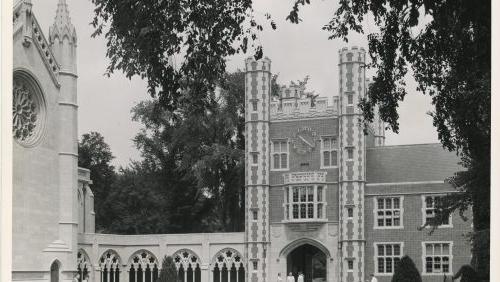 Downes Memorial Clock Tower and chapel cloisters (Trinity College, Hartford Conn.)