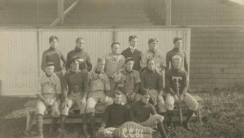 Baseball (originally referred to as Base Ball) becomes an organized sport at Trinity in 1867. A later team.