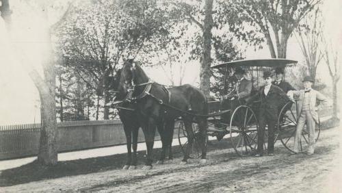 "Washington Campus." Students with horse-drawn carriage, Trinity College Old Campus, Hartford, Connecticut (1860) Photographer unknown.