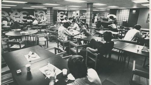 Students in the Cave, Mather Hall Campus Center (Trinity College, Hartford Conn.)